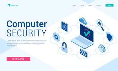 Computer Security Concept with Laptop, Shield and Digital Protection Icons Isometric Vector Illustration