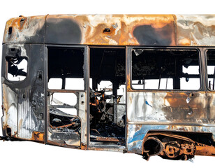 Charred vehicle interior, scorched seats, melted metal, destroyed bus
