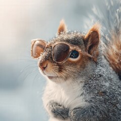 Squirrel wearing sunglasses in snowy winter landscape
