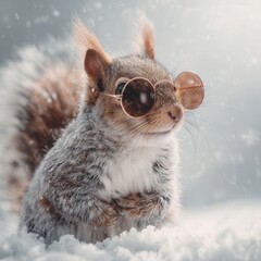 Stylish squirrel wearing sunglasses amidst snowy backdrop