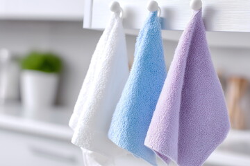 Three towels hanging on white hooks against the background of a modern kitchen.