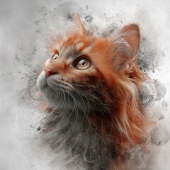 Majestic ginger cat in artistic splash with abstract background