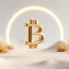 Golden bitcoin symbol floating in abstract minimalist desert scene