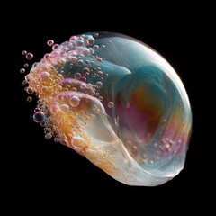 Iridescent soap bubble with vivid colors and reflections on a black background
