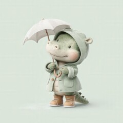 Cute cartoon dinosaur in green raincoat holding umbrella
