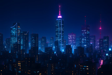 Modern cityscape with glowing skyscrapers illuminated by blue and magenta neon lights, capturing a cyberpunk or sci-fi atmosphere..