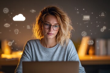 Young woman in glasses in front of laptop surrounded by glowing digital icons and cloud on dark background