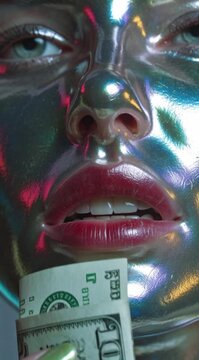Desejo, Poder e Luxo Moderno. Close-up Art&iacute;stico de Mulher com Dinheiro Entre os L&aacute;bios e pele prateada futurista