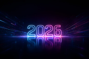 Bright neon 2026 numbers with futuristic light trails in pink and blue tones, perfect for future-themed presentations or celebrations..