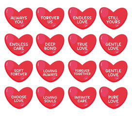 Red heart conversation candy set with romantic love quotes and phrases