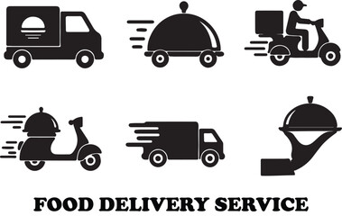 Food delivery service illustration with various food items and delivery vehicle