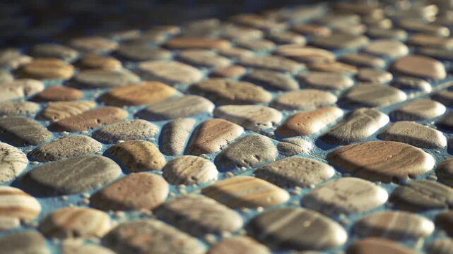Close-up view of a textured pathway made of pebbles embedded in cement.