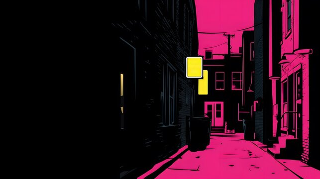 Neo Noir Urban Alleyway Illustration Pink Black High Contrast Comic style Background Mystery Crime Scene Graphic Novel Art Gritty Street Shadow Detective Concept
