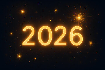 Illuminated golden &ldquo;2026&rdquo; text surrounded by sparkling particles and fireworks on a dark background, perfect for new year celebration themes..