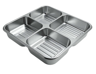 Four-compartment metal tray with ribbed bottoms