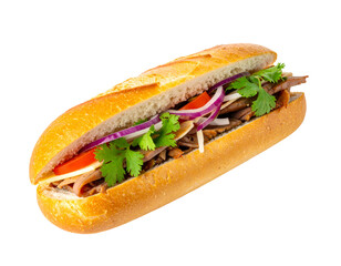 Hearty submarine sandwich with grilled meat and fresh toppings