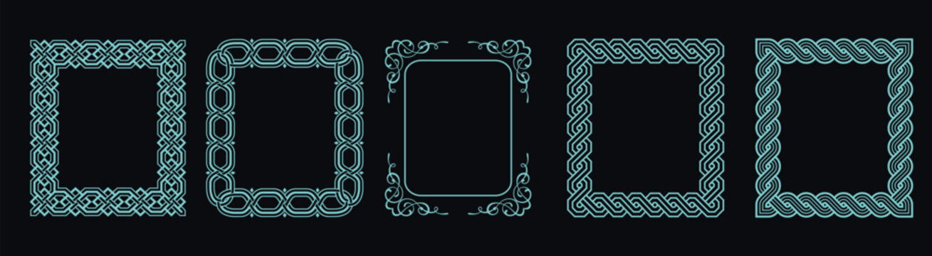Set of elegant neon blue-green decorative borders with intricate patterns