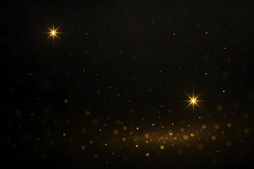 Elegant abstract backdrop with glowing golden stars and particles on black, ideal for celebration, luxury, or holiday themes..