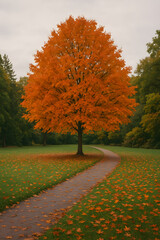 Bright orange maple tree standing alone in a green park with fallen leaves and a winding path beneath cloudy skies.