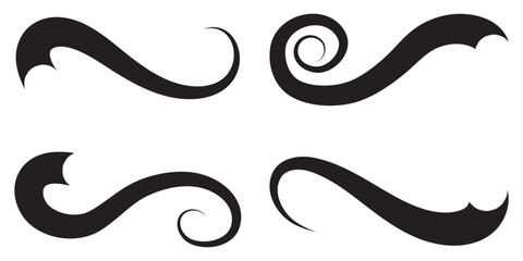 Swoosh tails. Swirl sport typography element, isolated curly text pennants. Black retro calligraphy strokes or ornament designs set. Swish typography font elements for athletics, baseball. EPS 10. 
