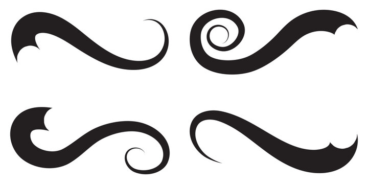 Swoosh tails. Swirl sport typography element, isolated curly text pennants. Black retro calligraphy strokes or ornament designs set. Swish typography font elements for athletics, baseball. EPS 10. 