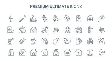 Smart home technology thin line icons set vector illustration. Outline automation of digital house system and wireless access to devices, light and temperature, energy power and appliances support