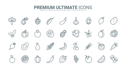 Fruit and vegetable thin line icons set vector illustration. Outline organic healthy farm food for healthy nutrition, fresh apple and orange, banana and cherry berry, carrot and potato for cooking © lembergvector