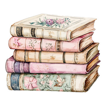 Stack of Vintage Books with Floral Covers Illustration
