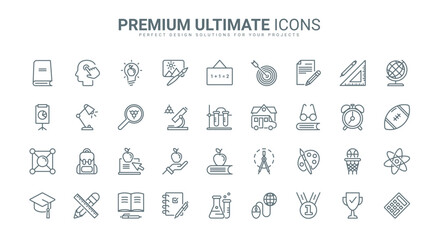 School, college and university education thin black line icons set vector illustration. Abstract linear pictogram of laboratory equipment for training chemistry and physics, library books for students