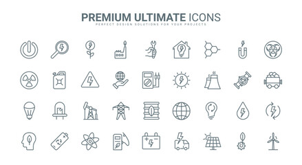Electric power plant and energy thin line icons set vector illustration. Outline global green technology to save and manage renewable resources and nature, hydro and nuclear factory, eco fuel