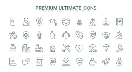 Insurance thin line icons set vector illustration. Abstract outline policy protection from car and property damage, business and pension, health care and life safety during travel or disasters