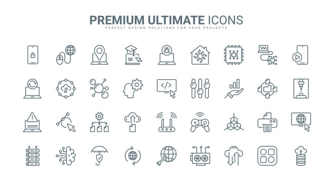 Information technology thin line icons set vector illustration. Outline internet network system and computer database symbols, big data analysis and protection, exchange and download, support center