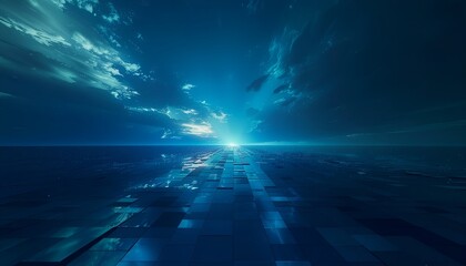 Futuristic blue horizon landscape with dramatic sky and sea reflection.