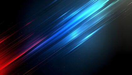 Futuristic glowing blue and red light streaks on dark abstract background.