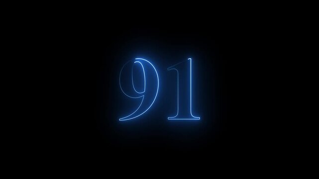 91 number neon text animation on black background. Glowing neon number 91.with vibrant colors pulsating and creating a dynamic, eye-catching visual effect.