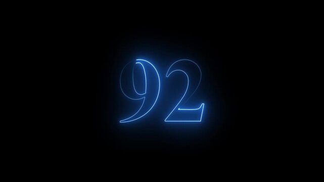 92 number neon text animation on black background. Glowing neon number 92.with vibrant colors pulsating and creating a dynamic, eye-catching visual effect.