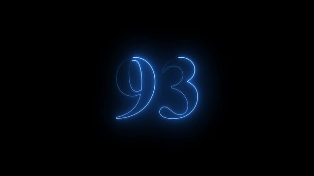 93 number neon text animation on black background. Glowing neon number 93.with vibrant colors pulsating and creating a dynamic, eye-catching visual effect.