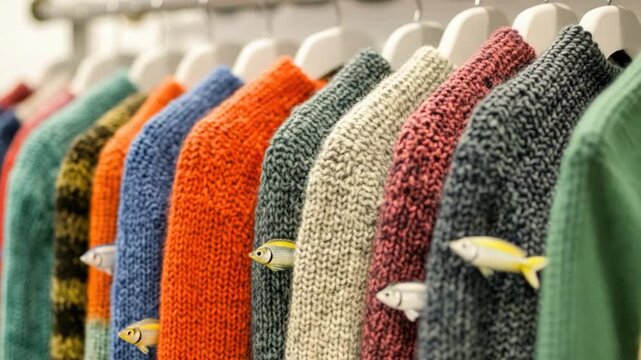Footage Sweaters displayed on a clothing rack, ideal for fashion and lifestyle ry