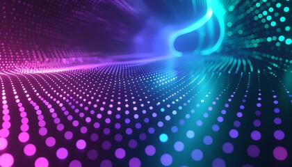 Vibrant digital wave pattern of glowing dots in pink and blue colors.