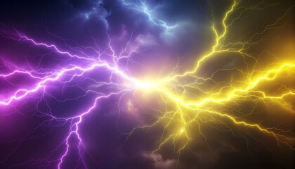 Vivid purple and yellow lightning bolts collide with glowing energy in a dramatic night sky.