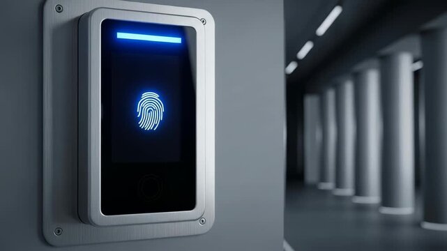 High-tech biometric security system displays fingerprint recognition, user interacts with touch sensor, showcasing advanced cyber security technology in action, camera follows motion