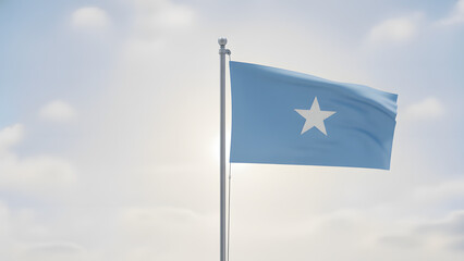 The national flag of Somalia, featuring a light blue field with a white five-pointed star, waves proudly on a flagpole against a bright sky.