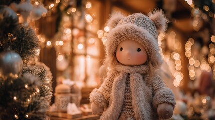 Adorable doll in winter attire surrounded by festive decorations and warm holiday lights