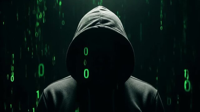 Mysterious figure in dark hoodie sits at computer, illuminated by green binary code, creating an atmosphere of secrecy and intrigue in the digital world of hacking and cybersecurity