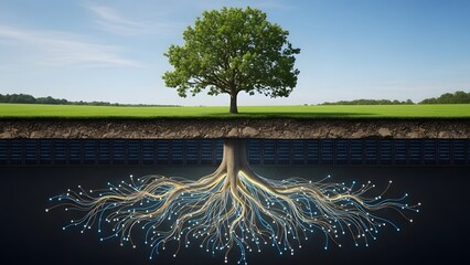 Surreal Tree Roots Transforming into Glowing Fiber Optic Cables Underground