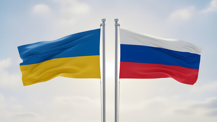 Ukrainian and Russian flags waving side by side on flagpoles against a bright, cloudy sky, symbolizing international relations and geopolitical tensions.