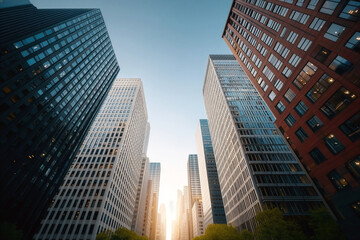 Modern city skyscrapers viewed from street level with symmetrical perspective glass facades and sunrise urban business district skyline