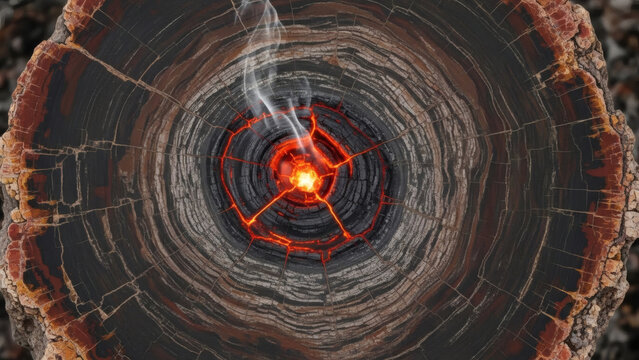 Burning embers in tree stump