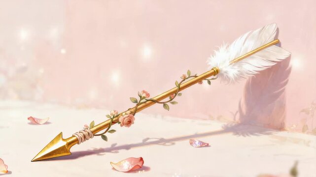 Golden decorative arrow in soft fantasy illustration style, pastel peach and white colors, symbol of love magic and destiny with copy space