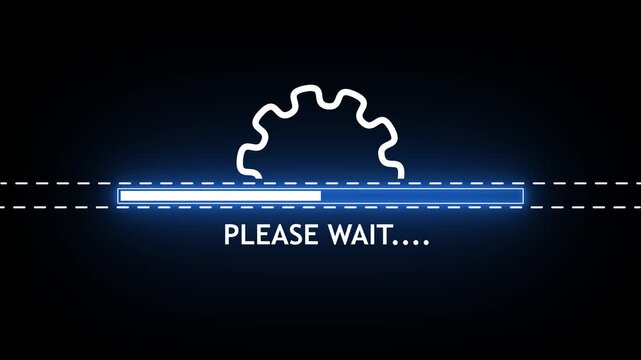 Digital progress indicator with gear and waiting message on black please wait loading